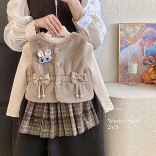 女童网红套装 秋冬女宝宝洋气毛毛马甲针织毛线衣加绒半身裙三件套
