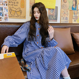 法式蓝格子长袖连衣裙女2024早秋新款韩系宽松显瘦纯棉衬衫长裙子，女装连衣裙，2D116