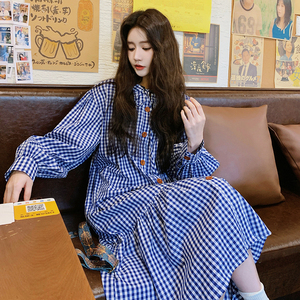 法式蓝格子长袖连衣裙女2024早秋新款韩系宽松显瘦纯棉衬衫长裙子图片