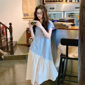 小清新蓝色衬衫连衣裙女2025超火文艺绝美宽松慵懒松弛感鱼尾长裙图片