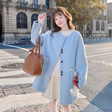 韩系浅蓝色蕾丝拼接双面呢羊毛大衣女秋冬2025新款温柔甜美风外套，女装毛呢外套，2D116