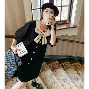 黑色小香风蝴蝶结拼接连衣裙女装夏季新款减龄设计感宽松显瘦裙子图片