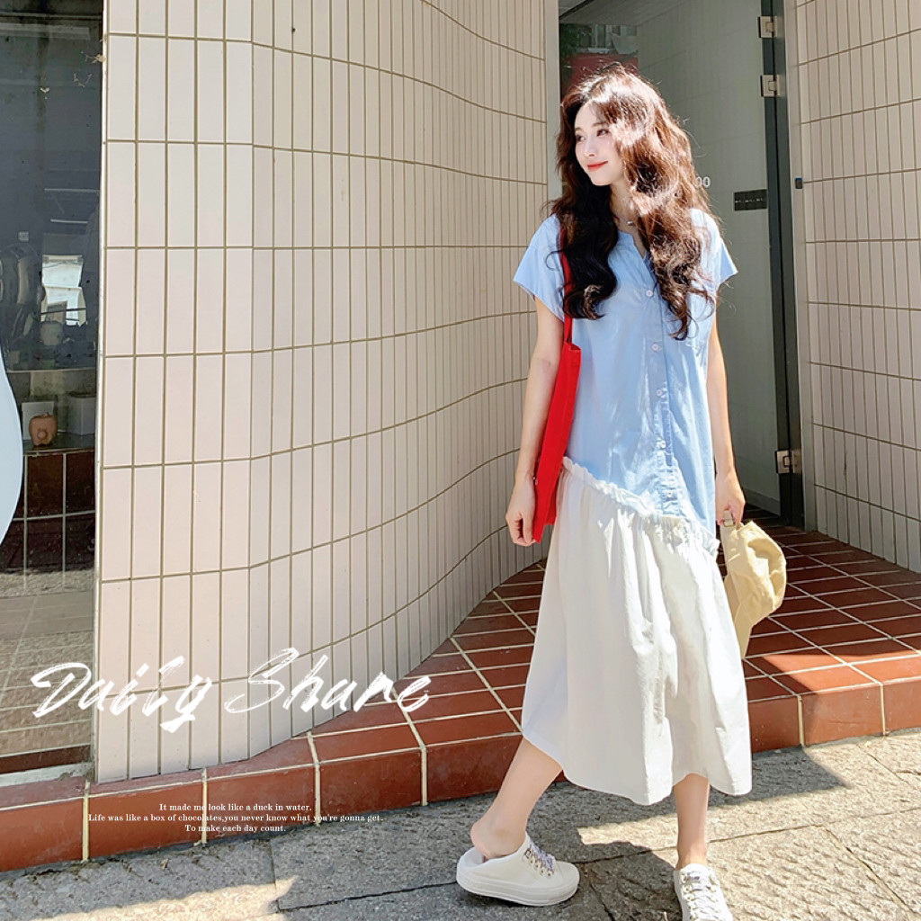 小清新简约连衣裙夏季2025新款女气质设计感拼接宽松不规则衬衫裙图片