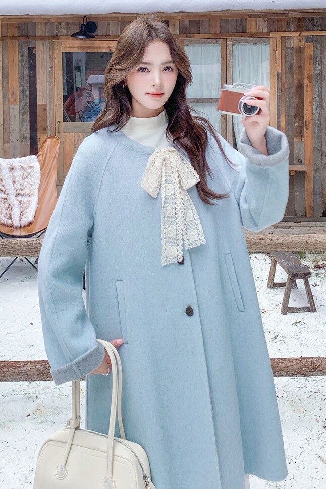 蕾丝系带双面呢蓝色羊毛大衣女秋冬2025新款巨好看今年流行高级感图片