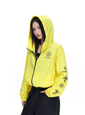 拓谷26春夏街头风连帽拉链短外套女宽松轻薄防晒衣长袖黄色防晒服