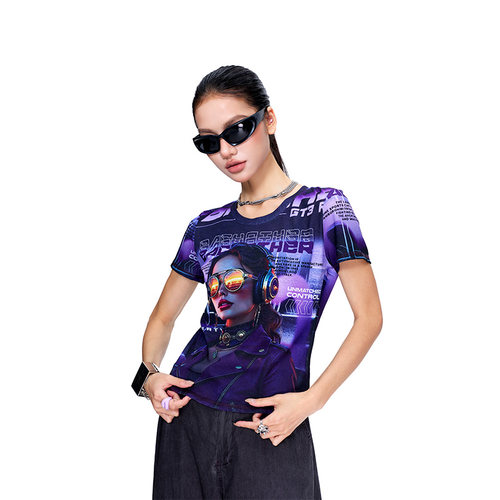 拓谷潮酷街头紫色印花短袖T恤女