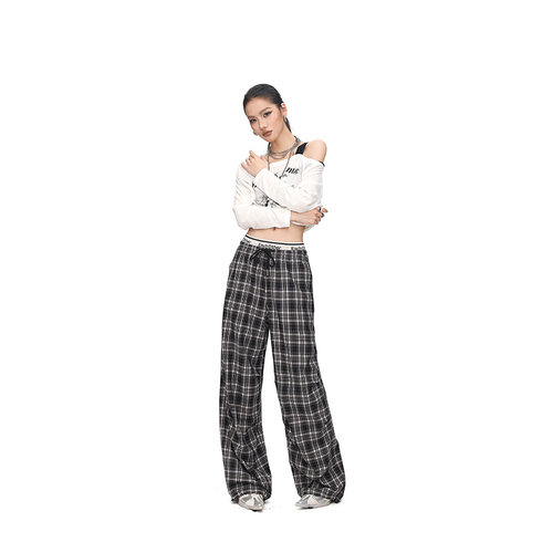 拓谷春夏双腰格纹垂感阔腿裤