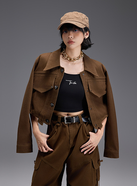 拓谷25秋季新款美式复古辣妹风简约翻领牛仔外套女显瘦百搭休闲女