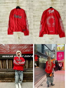 【现货】潮牌梵文字母印花Mattyboy涂鸦红色网眼运动男女长袖T恤