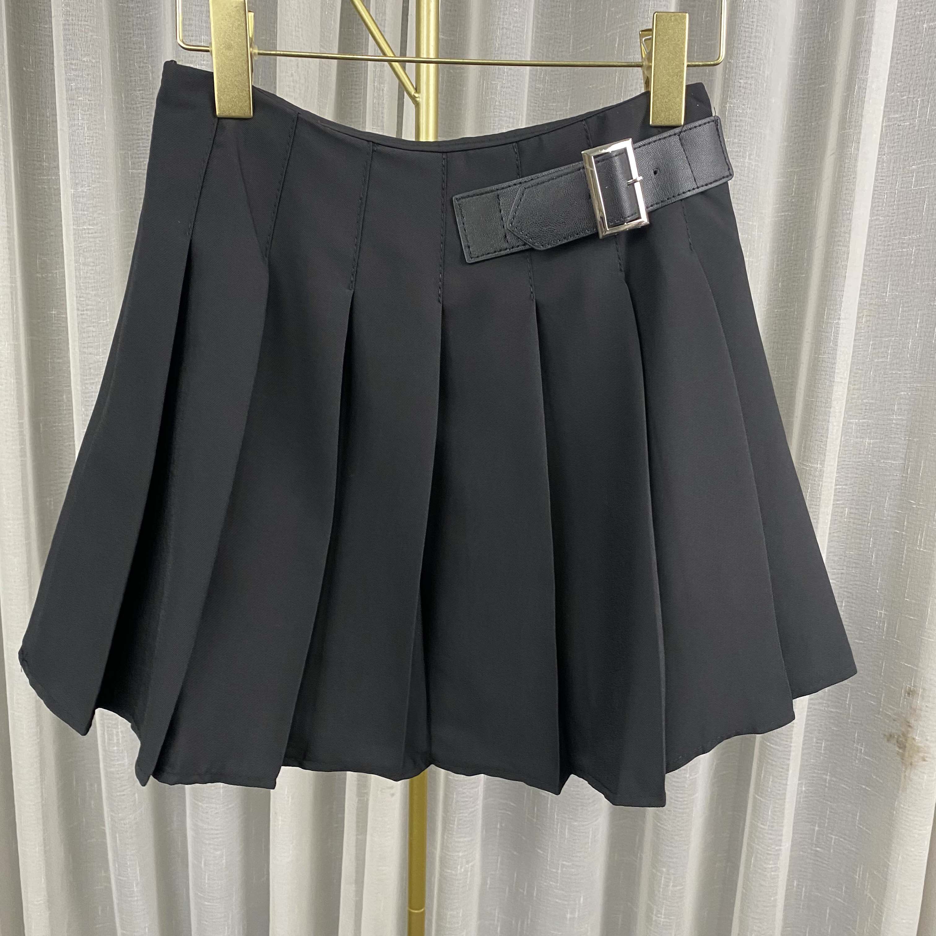 9848甜酷风高腰减龄百褶裙学院风百搭黑色通勤a字裙时尚短裙