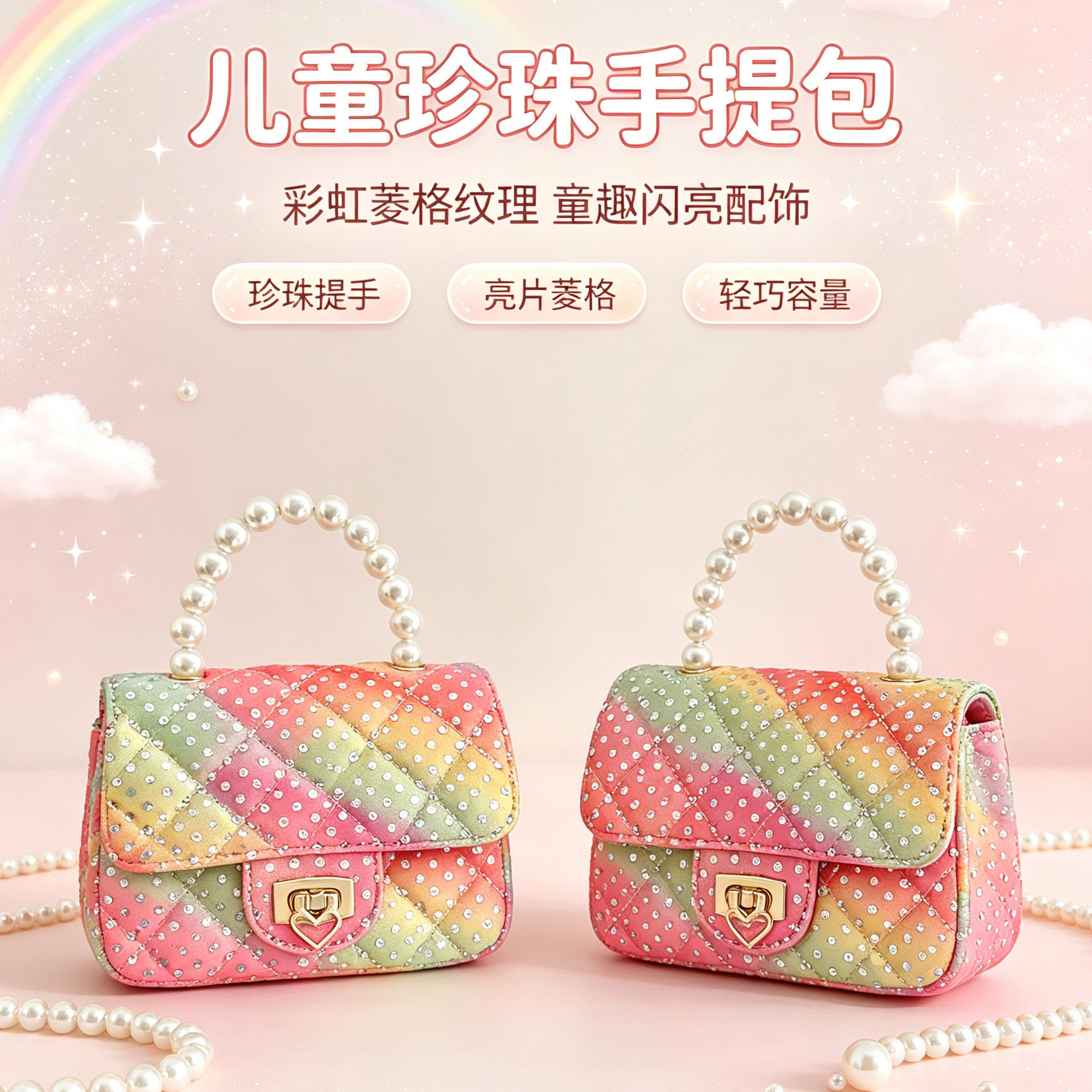 珍珠手提儿童包包新款彩虹糖果色女童迷你小包甜美可爱斜挎链条包