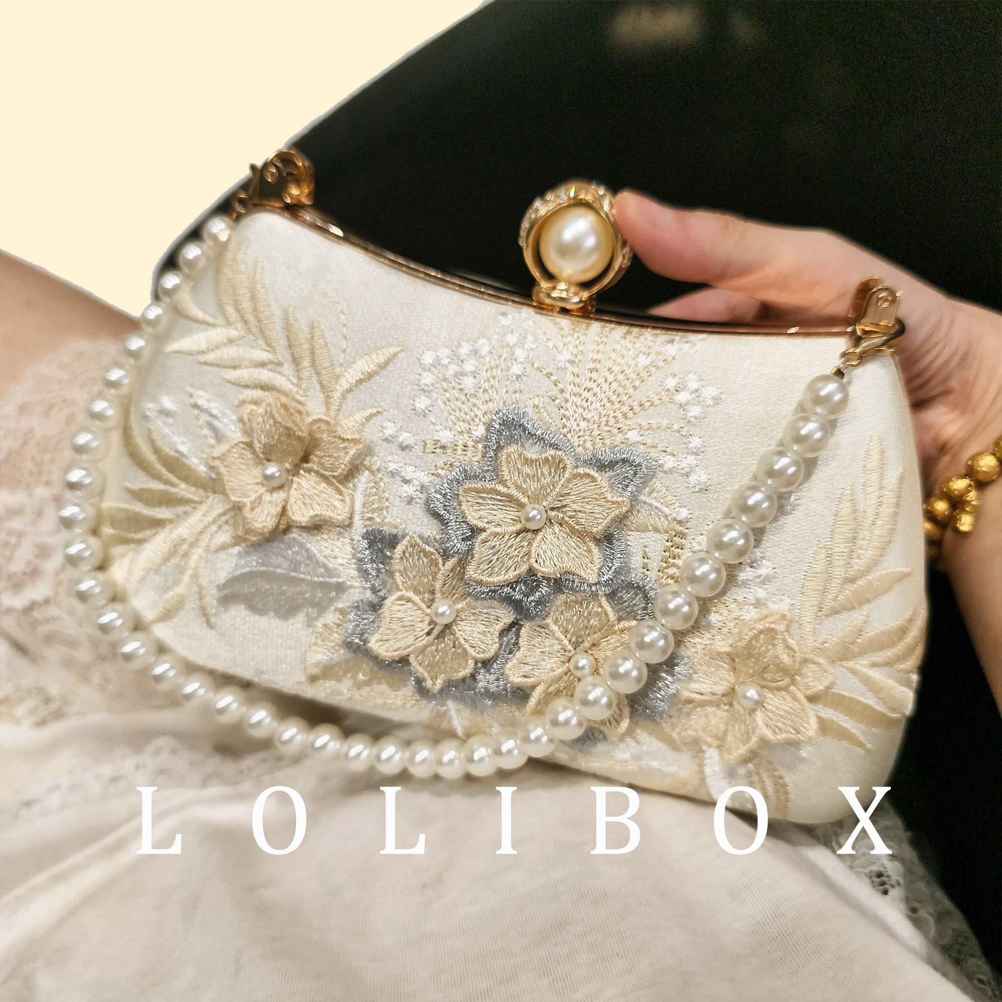 LOLIBOX复古立体刺绣钉珠蕾丝旗袍珍珠手提手拿斜跨女小晚宴会包