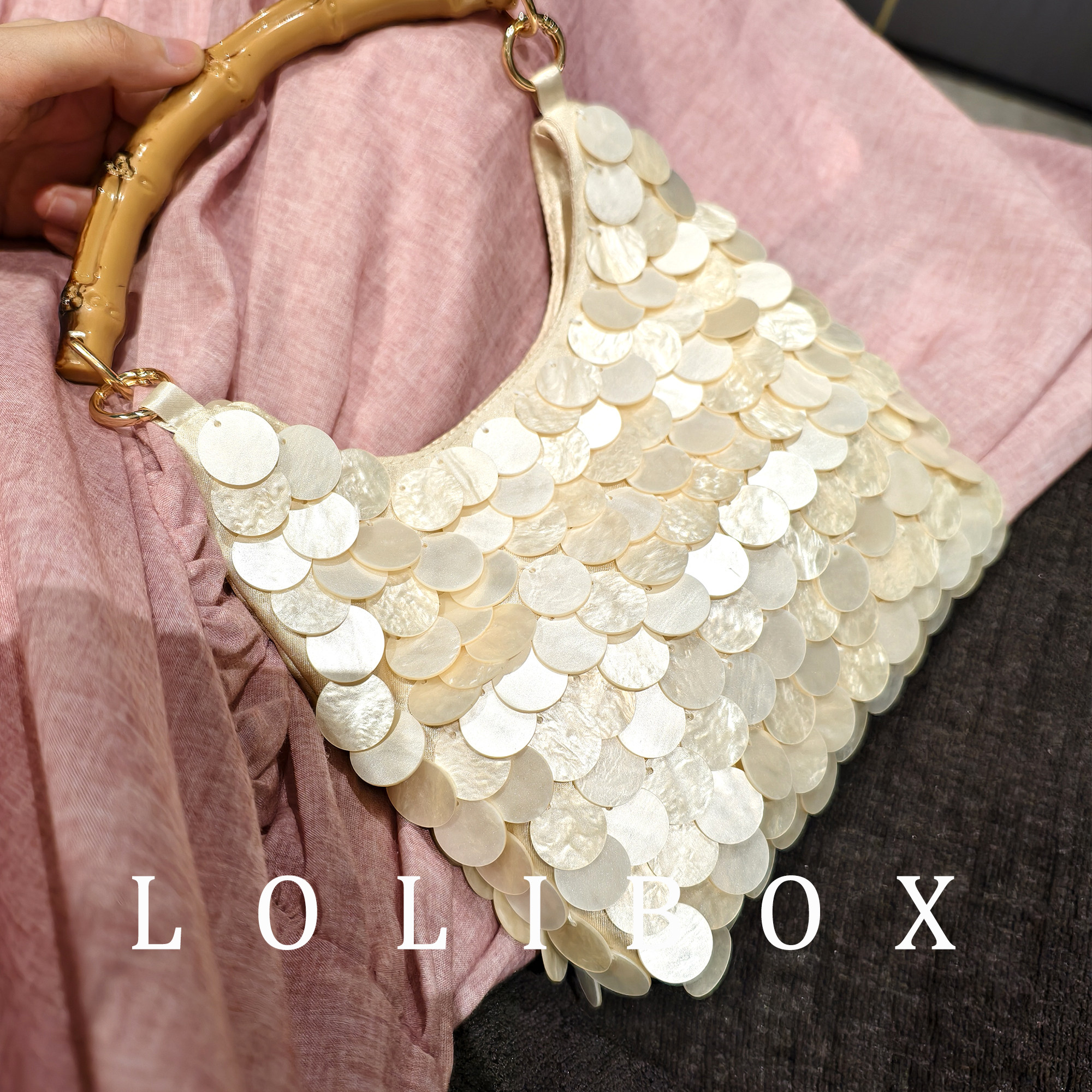 LOLIBOX贝壳亚克力幻彩手缝定制竹节手提女小包晚宴会礼服旗袍包