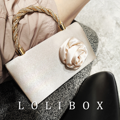 LOLIBOX新缎面手工花朵镶钻麻花旗袍复古女手提斜跨晚宴会礼服包