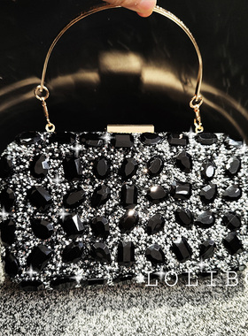 LOLIBOX新水钻黑色复古金属手提包女小名媛复古旗袍礼服晚宴会包