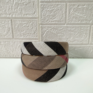 优优/复古欧美风格轻熟女士发箍三色格纹黄麻料头层牛皮发箍