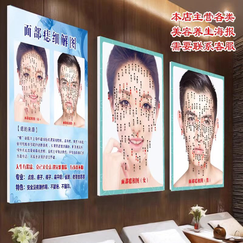 祛痣点痣图片贴画男女面痣海报美容宣传画挂图痣相图去痣图解面相
