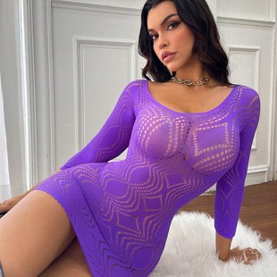 欧美风性感紫色浪漫网衣紧身包臀裙女长袖 渔网辣妹诱惑夜店内衣潮