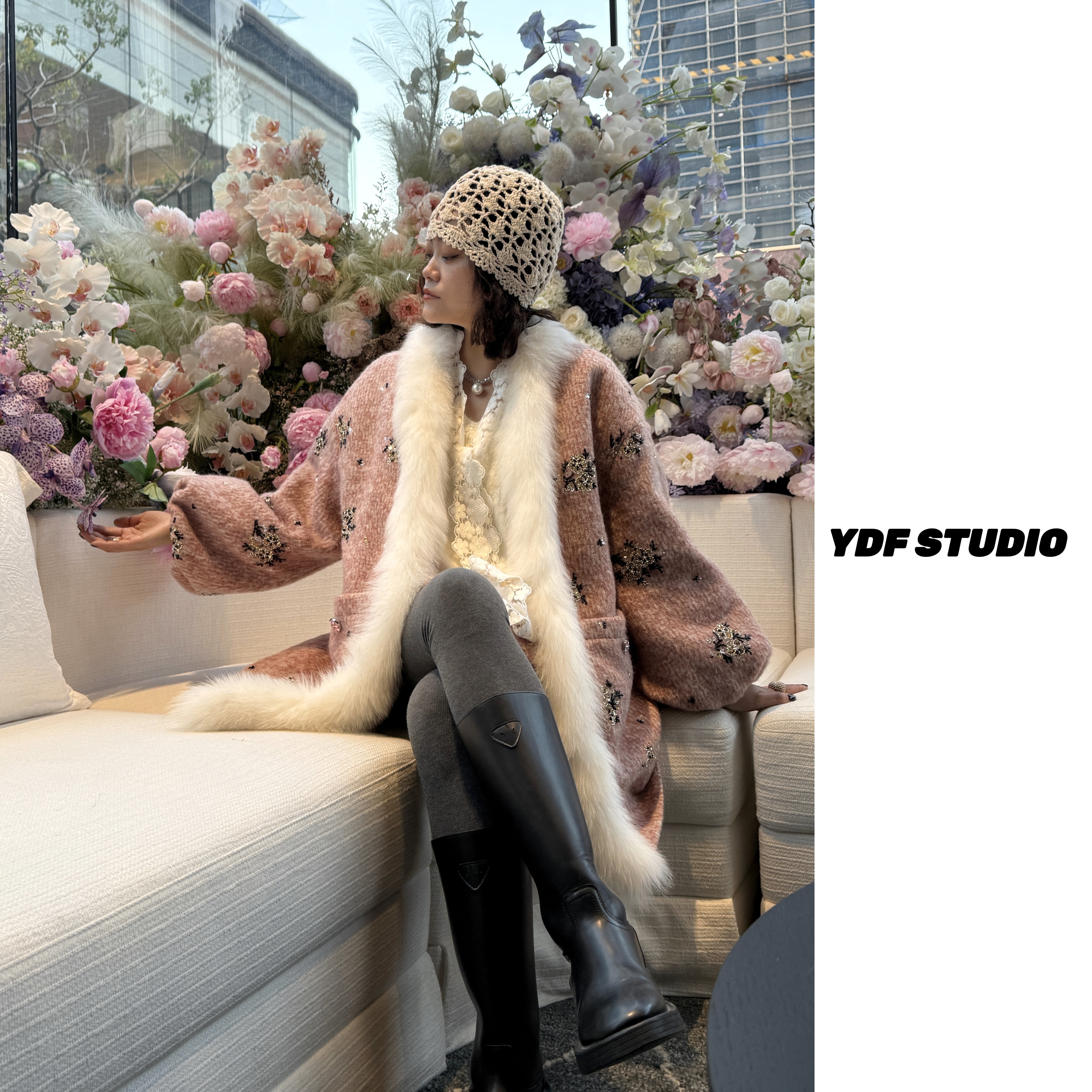 YDFSTUDIO小众【梦境花魁】欧货刺绣毛毛拼接设计时尚羽绒外套