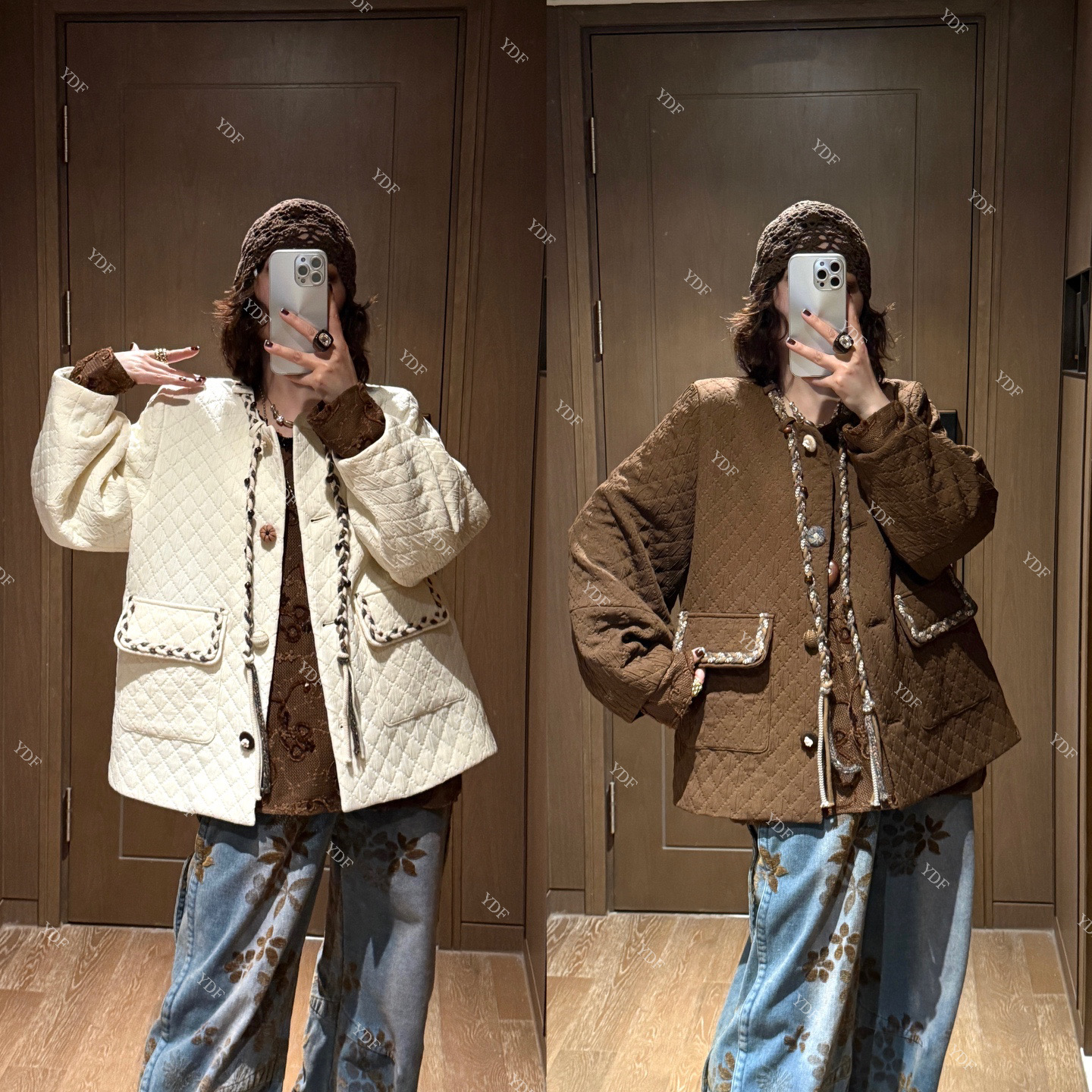 YDFSTUDIO小众【菱格印章】欧货早秋重工菱格拼接设计棉服外套