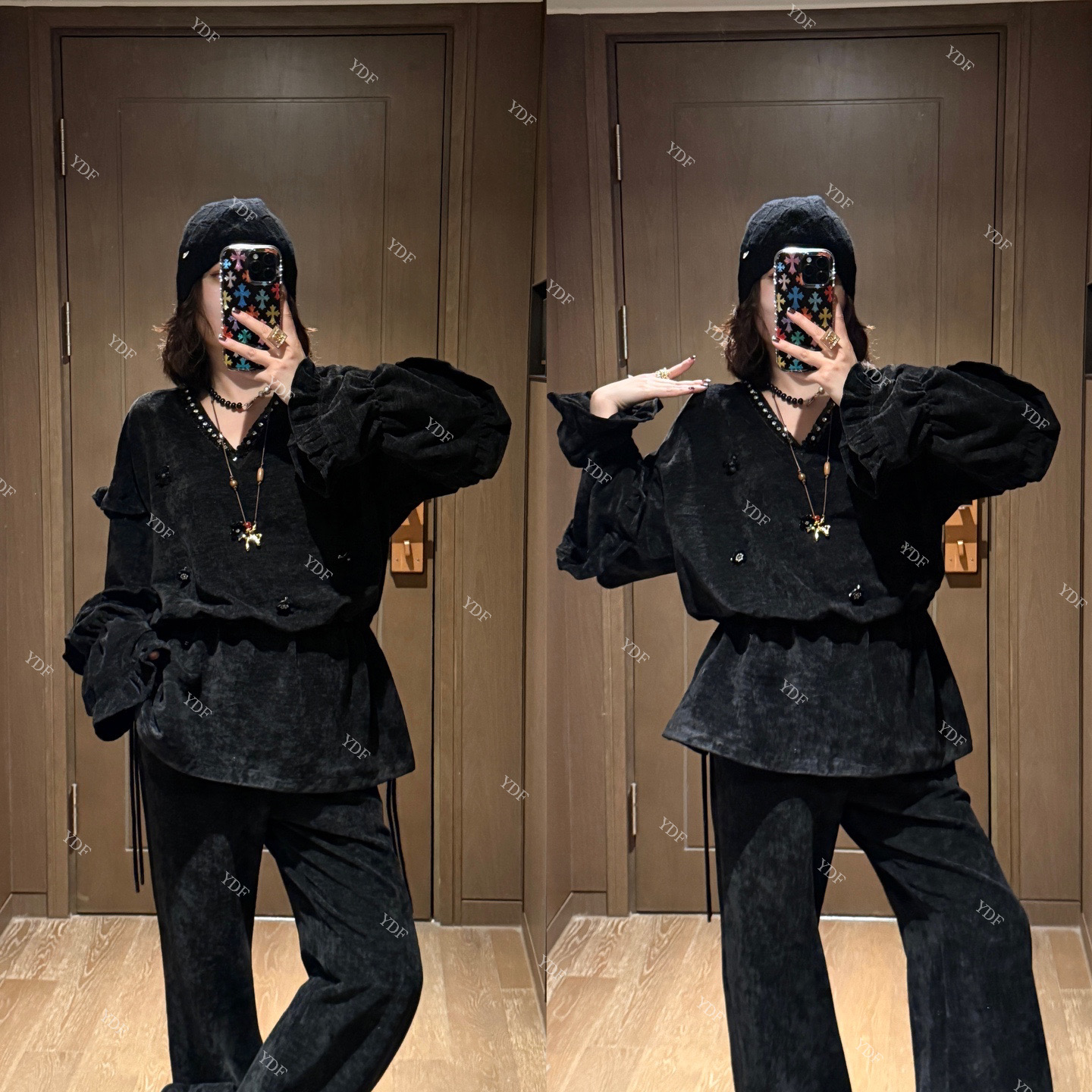 YDFSTUDIO小众【绽放风采】欧货高品立体装饰设计上衣+裤子套装
