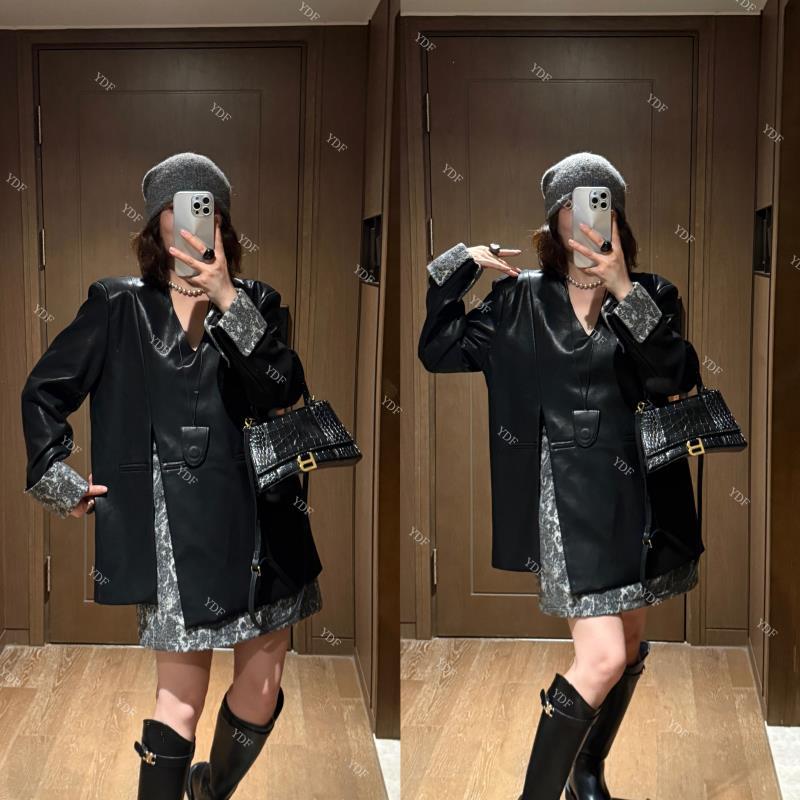 YDFSTUDIO小众【舞动伦敦】欧货V领撞色设计皮上衣+半身裙套装