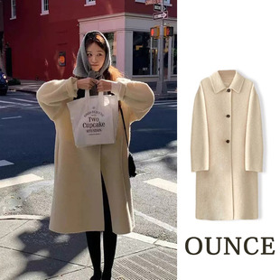 韩国正品ounce 韩代赵今麦同款大衣温柔羊驼毛单排扣双面毛呢外套
