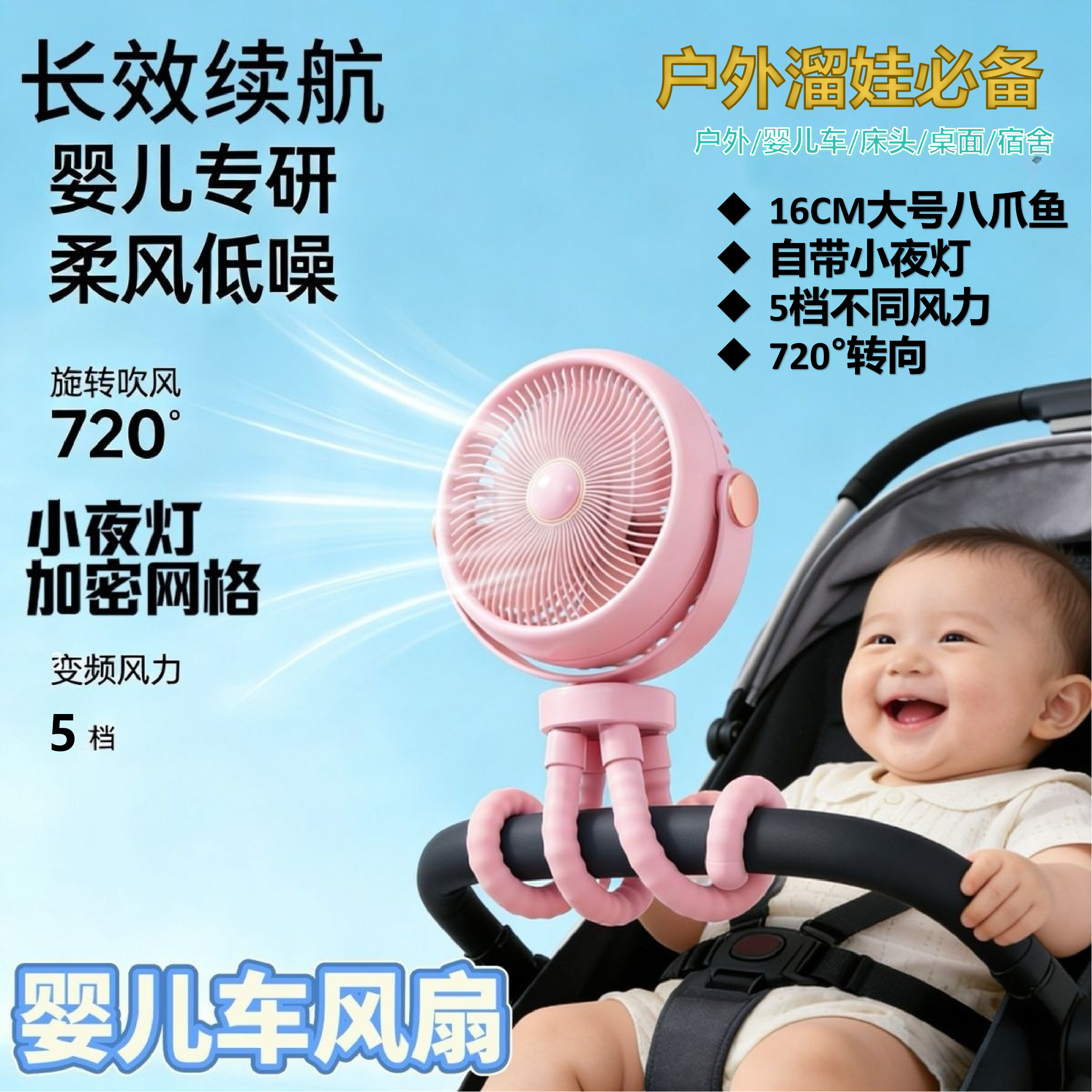 八爪鱼风扇婴儿推车悬挂式旋转静音USB便携户外溜娃大号床头宿舍