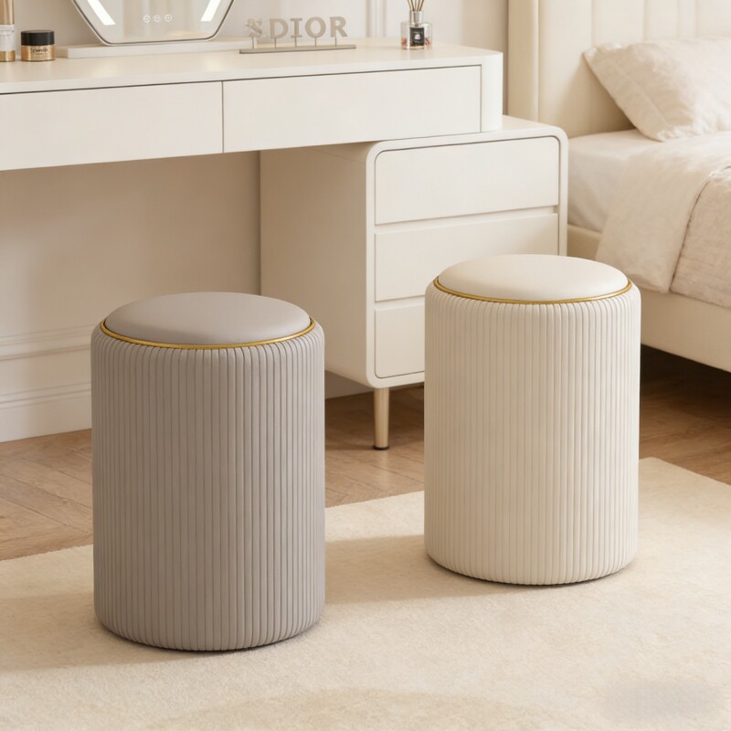 现代简约圆形化妆凳卧室梳妆台凳子奶油色换鞋凳客厅沙发凳储物凳