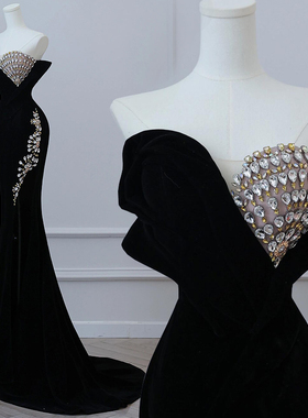 黑色宴会晚礼服2025新款抹胸鱼尾亮片高级感气质晚宴主持人演出服