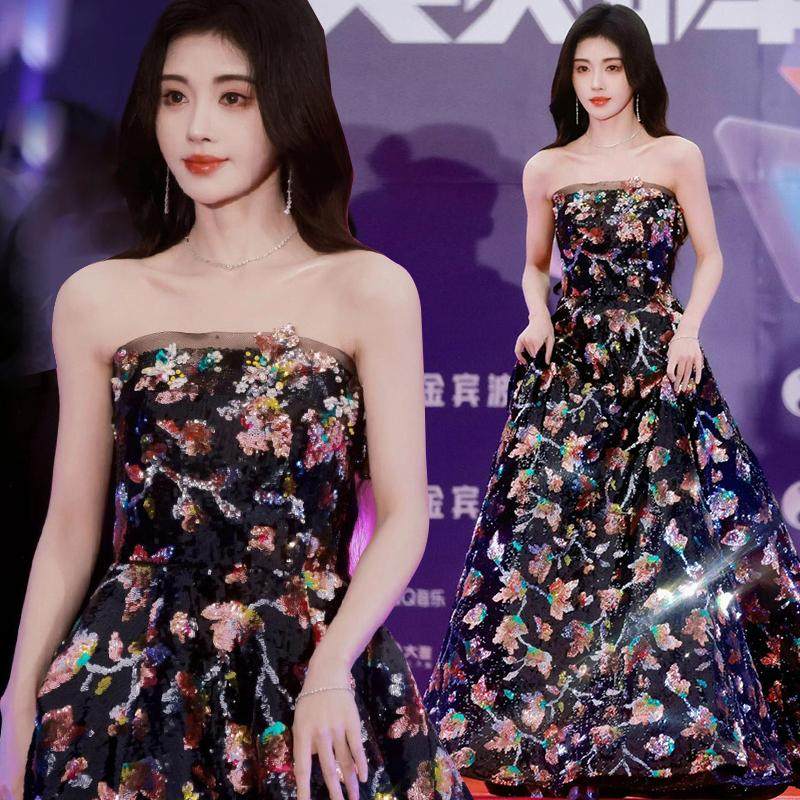 晚礼服抹胸长裙花色小众厂家直销图片