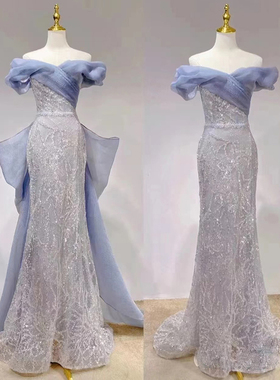 宴会晚礼服裙女2025新款高端鱼尾高级感轻奢小众一字肩主持人晚装