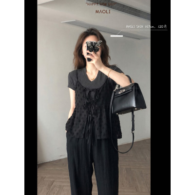毛丽小四郎【网纱叠穿单品】法式温柔风系带蕾丝背心女显瘦花朵