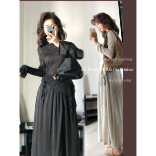 毛丽小四郎【温温柔柔】慵懒风不规则抽绳收腰上衣+半身裙两件套