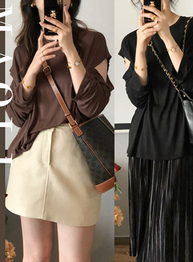 毛丽小四郎【高阶设计感】早春露肩慵懒垂坠显瘦长袖女宽松t极简