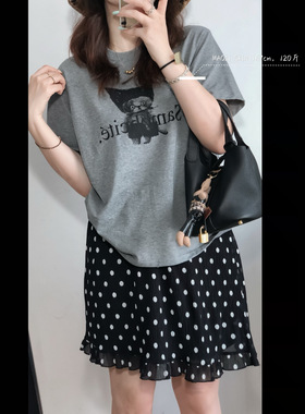 毛丽小四郎【cat】灰色印花短袖T恤女夏百搭显瘦上衣韩系休闲减龄