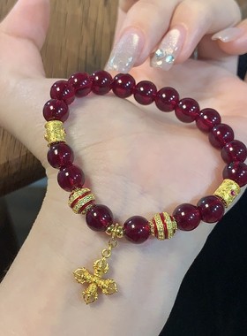 新款银镀金红色石榴石手串珠串轻奢精致气质百搭手链手饰品