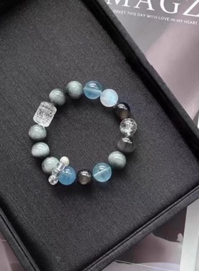 天然鹰眼石海蓝宝水晶手链白水晶回纹珠月光石配珠多宝水晶手串