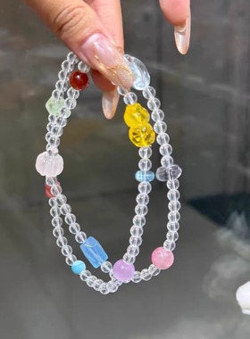 新款多巴胺彩色多宝水晶手链天然白水晶风小众女双圈手串