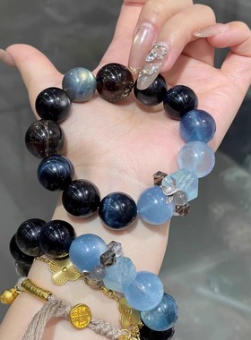 天然水晶海蓝宝蓝晶石灰月光石手串手链原创小众设计男女送礼