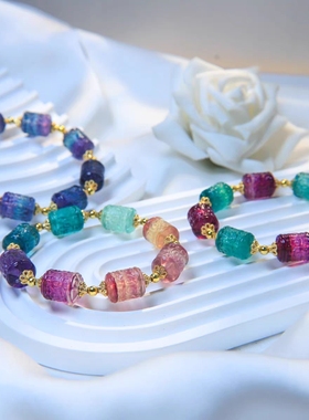天然彩桶珠手链雕刻回纹水晶多宝彩虹西瓜色手串女生生日