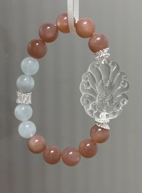 天然白水晶九尾狐搭配金太阳石海蓝宝单圈手串 白水晶许愿狐