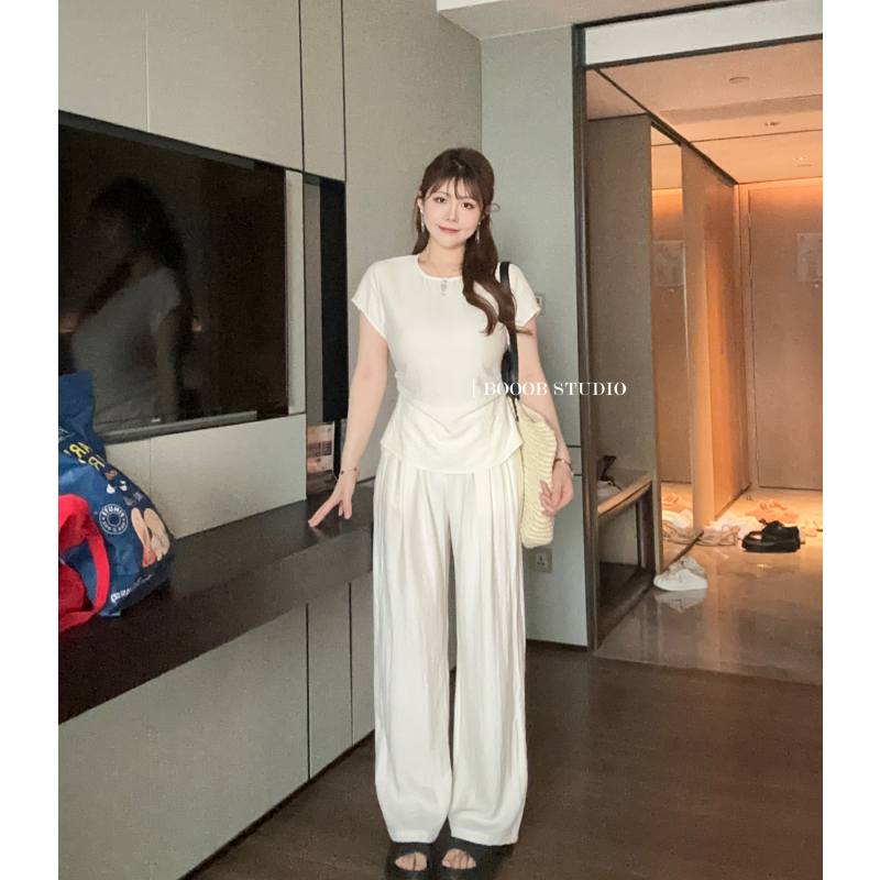 废柴啵妞“香草雪顶”微胖大码显瘦小衫褶皱阔腿裤B124Z09691