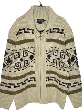 PENDLETON厚粗冬男装翻领纯羔羊毛织花复古长袖针织拉链外套上衣