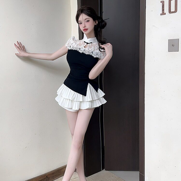 新中式国风高级感气质蕾丝旗袍上衣+百褶裙子工作服两件套装女夏