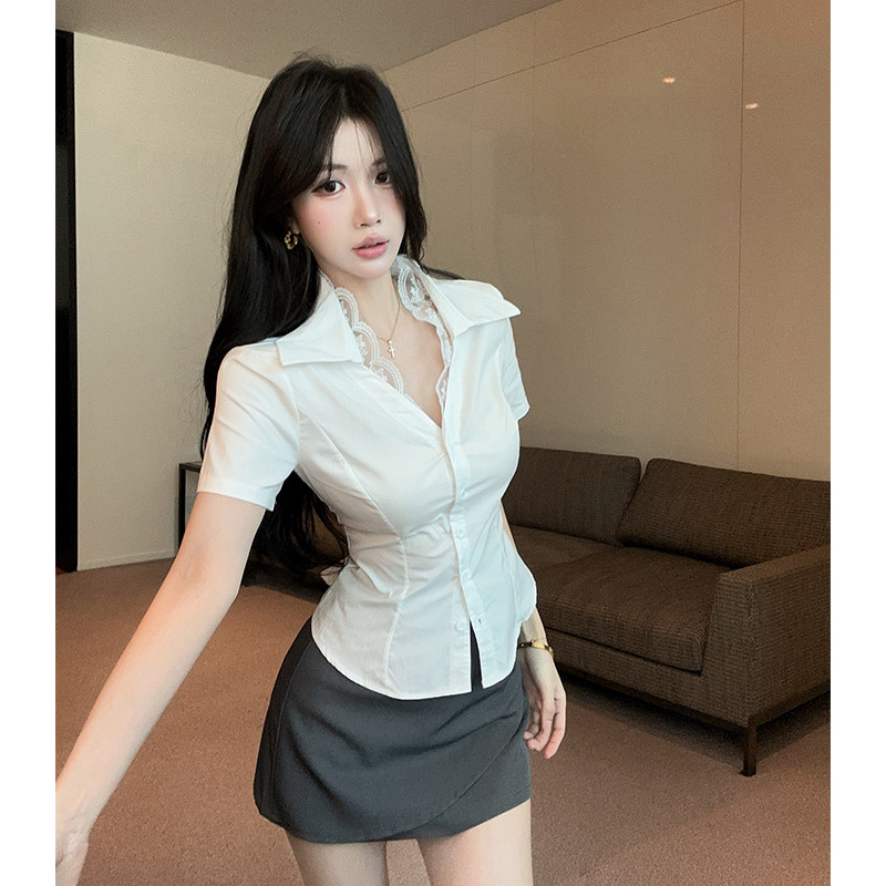 夏季纯欲辣妹V领短袖短裙套装