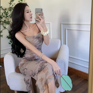 新中式复古网纱碎花吊带连衣裙女性感辣妹气质显身材内搭包臀长裙