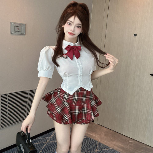 学院风jk制服套装高腰格子两件套