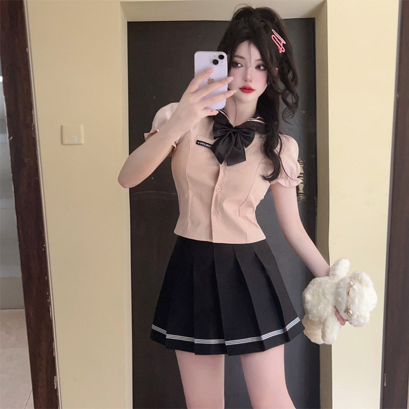 夏季新款辣妹jk制服纯欲韩系学院风泡泡袖领结衬衣高腰百褶裙套装