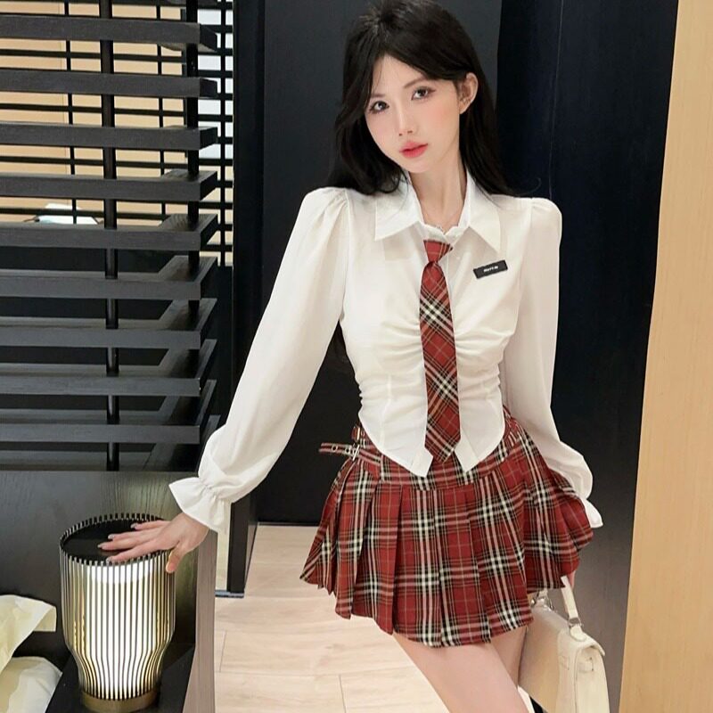 秋冬JK制服格子衬衫百褶裙套装